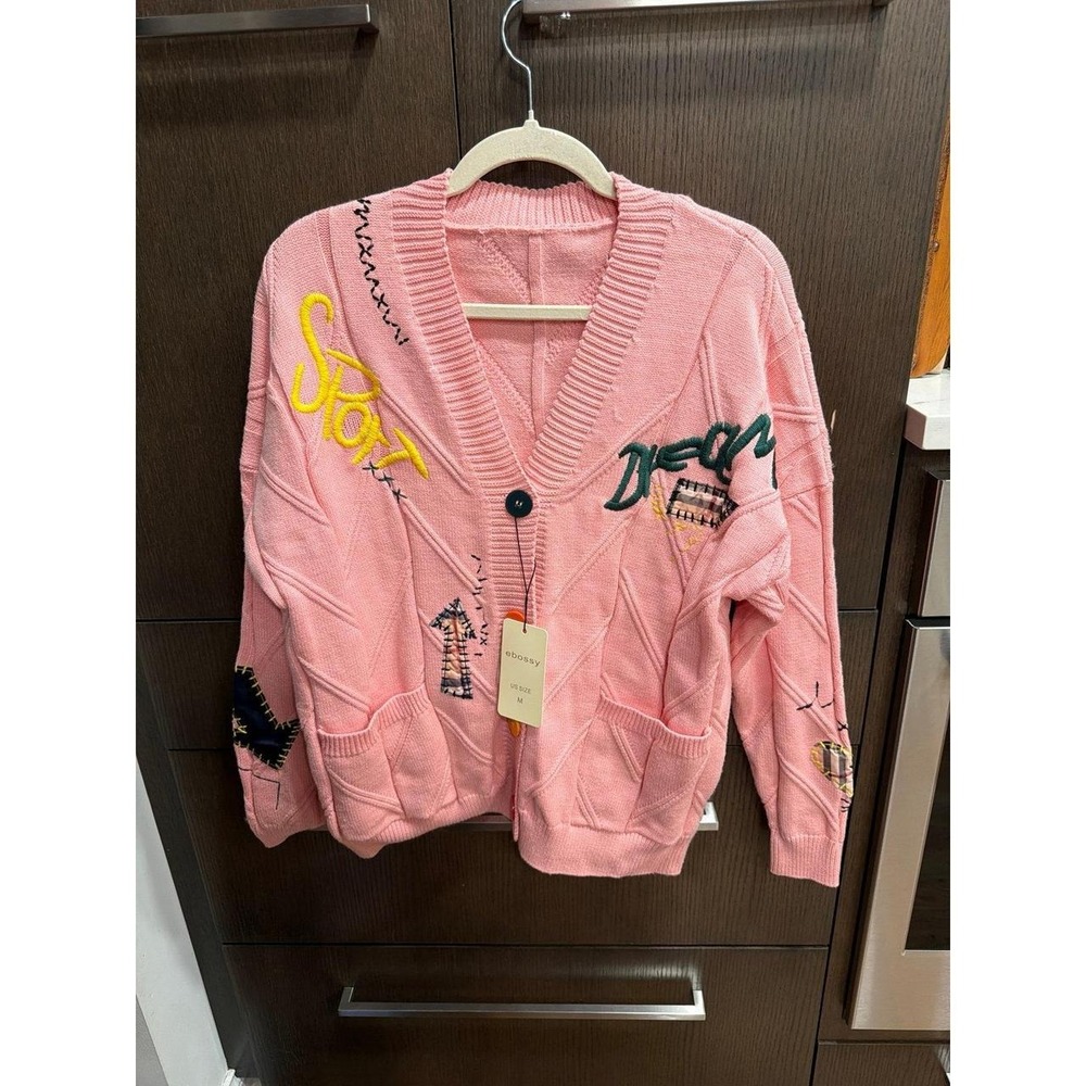 Pink Embroidered Patchwork Knit V-Neck Cardigan Sweater  women's medium